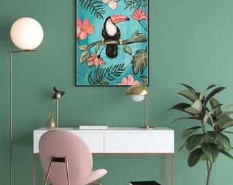 Tropical Toucan Bird Print, Free Shipping USA, Beach cottage decor, Coastal Home Decor, Tropical Palms, Beach Wall Art, Aqua Coral Pink, Art