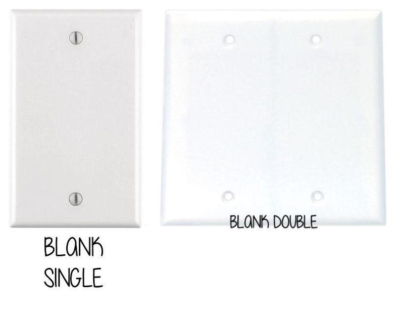 May include: Two white plastic electrical wall plates. The plate on the left is labeled "BLANK SINGLE" and the plate on the right is labeled "BLANK DOUBLE".