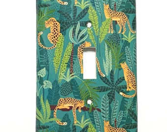 Jungle Cat Leopard Switchcover, Cat light switch cover, Jungle bedroom decor, Rocker cover, toggle switch, Teal Green Yellow Gold, double