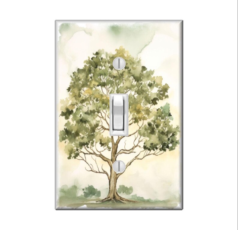 May include: A watercolor painting of a green tree with a light brown trunk on a light beige background. The image is designed to fit a light switch cover.