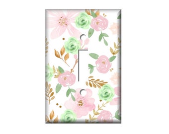 Pink Floral Light switch Cover, Mint Gold Pink switchplate,  Triple Switchplate, Double switchplate, Baby Nursery Decor, Lily's Nursery Shop