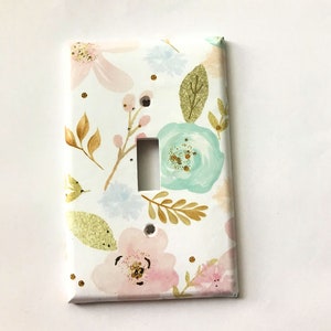 Floral Light switch Cover, Light Blue gold  pink switchplate,  Triple Switchplate, Double switchplate, Baby Nursery Decor, Lily's Nursery