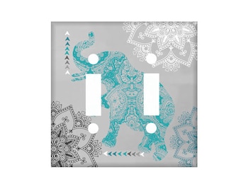 Boho Switchplate Cover - Elephant switchplate - Teal Black Gray - Bohemian Bedroom Decor