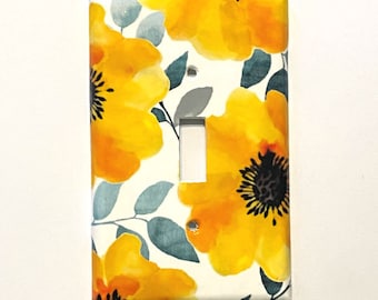 Yellow Flower Light Switch Cover, Triple Switchplate, Double switch, Baby Nursery Decor, Floral Rocker, Bedroom Light switch, Yellow Gray