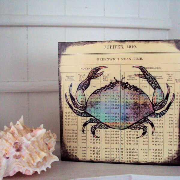 Nautical Sea Crab Art Wood Block Printed on Vintage Almanac