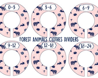 Forest Animals Nursery Closet Dividers, Woodland Nursery, Baby Clothes Dividers, Plastic Clothes Organizer, Bear Rabbit Fox