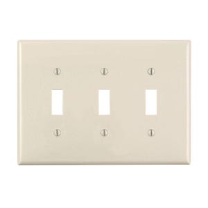 May include: A white plastic electrical wall plate with three toggle switch openings. The plate has a textured surface and is designed to cover electrical outlets and switches.