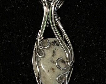 Wire wrapped Dalmatian jasper teardrop pendant