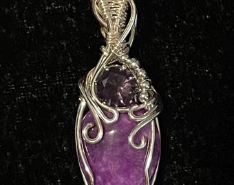 Wire wrapped purple quartzite teardrop stone with purple cubic zirconia accent gemstone