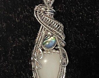 Wire wrapped milky quartz with abalone shell accent pendant