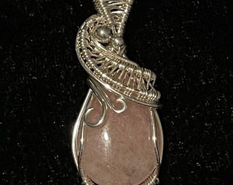 Tear drop rose quartz wire wrapped pendant