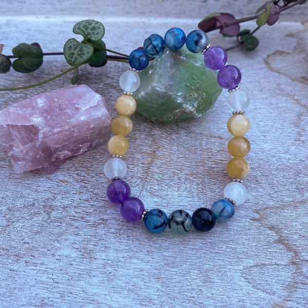 Gemstone Bracelet "Mental Clarity" | 8 mm Gemstone | Dragon Vein Agate * Yellow Calcite * Selenite * Amethyst | Mental Growth | Curiosity