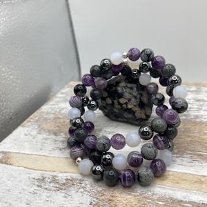 Empath Protection Gemstone Bracelet, Amethyst, Snowflake Obsidian, Hematite, Chalcedony, Labradorite, 8mm Gemstone Beads, Chakra Bracelet