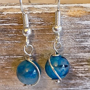 Gemstone Wire Wrapped Earrings: Silver Fishhook, Aventurine, Agate