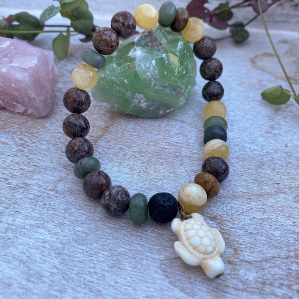 Gemstone Bracelet "Tranquility"|White Howlite * Chocolate Jasper * Yellow Calcite * Sinkiang Jade | Sea Turtle | Emotional Expression|Chakra