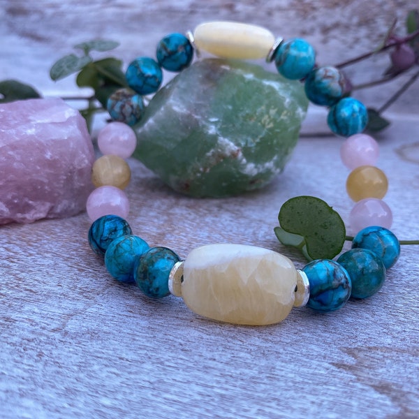 Gemstone Bracelet, "Truth and Compassion", Chakra Bracelet, 8 mm gemstone, turquoise, rose quartz, yellow calcite, yellow aragonite, empower