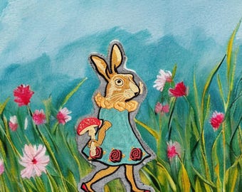 002 Super cute Big Bunny Rabbit denim backed sew or glue on patch. FUN style for jackets, bags, shirts or crafts.