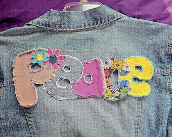 001 Large Hippie PEACE handmade denim sew or glue on hippie love floral patch