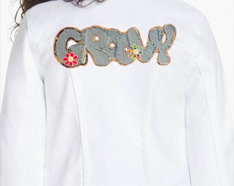 Boho Fun GROOVY Jean Jacket patch - upcycled denim hand cut OOAK -  60s 70s flowers , hippie decor