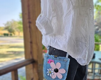 002 Boho reversible hipster bag - upcycled denim hand sewn OOAK purse - Hands free festival phone wallet. Crossbody optional