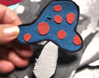 Shrooooms! 007 Yay !! One of a kind denim mushrooms! Sew or glue on patch. FUN style for jackets, bags, shirts or crafts.