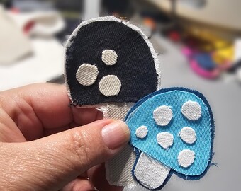 Shrooooms! 006 Yay !! One of a kind denim mushrooms! Sew or glue on patch. FUN style for jackets, bags, shirts or crafts.