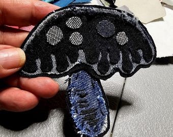 Shrooooms! 003 Yay denim mushrooms! Hand sewn! Sew or glue on patch. FUN style for jackets, bags, shirts or crafts.