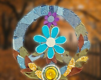004 medium OOAK handmade denim sew or glue on peace patch. Upcycled groovy boho style for jackets bags or crafts