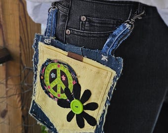 001 Boho reversible hipster bag - upcycled denim hand sewn OOAK purse - Hands free festival phone wallet. Crossbow optional