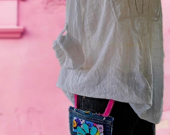 Boho super cute and unique reversible hipster bag - upcycled denim hand sewn OOAK purse - Hands free phone wallet. 60s 70s