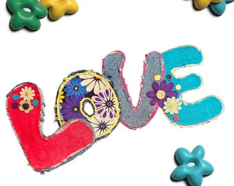 Boho Fun LOVE Jean Jacket patch - upcycled denim hand cut sewn glue OOAK -  60s 70s flowers
