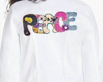 So Fun! Boho Fun PEACE Jean Jacket patch - upcycled denim hand cut sewn fabric glue OOAK - fun hippie 60s 70s flowers