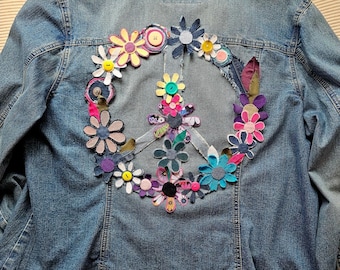 002 Extra Large OOAK handmade denim sew or glue on peace patch. Upcycled groovy boho style for jackets bags or crafts