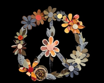 008 Extra Large OOAK handmade * sew or glue on * Fun Unique Peace Patch - upcycled denim hand sewn  60s 70s groovy nature. Hand cut flowers.