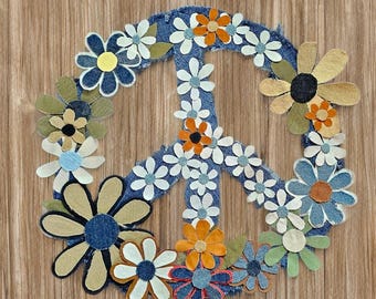 001 Extra Large OOAK handmade denim sew or glue on peace patch. Upcycled groovy boho style for jackets bags or crafts