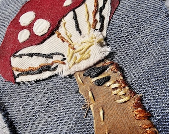 Shrooooms! 001 Yay mushrooms! Hand sewn denim backed sew or glue on patch. FUN style for jackets, bags, shirts or crafts.