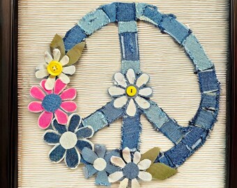 003 medium OOAK handmade denim sew or glue on peace patch. Upcycled groovy boho style for jackets bags sweatshirts or crafts
