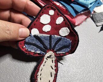 Shrooooms! 004 Yay denim mushrooms! Hand sewn! Sew or glue on patch. FUN style for jackets, bags, shirts or crafts.