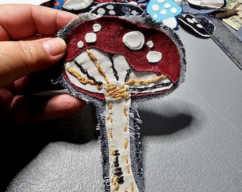 Shrooooms! 002 Yay mushrooms! Hand sewn denim backed sew or glue on patch. FUN style for jackets, bags, shirts or crafts.