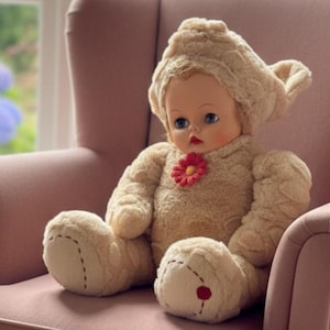 May include: A vintage doll with a teddy bear costume, seated in a pink armchair. The doll has blue eyes, red lips, and a red and yellow flower on its chest. The costume is beige and plush.
