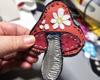 Shrooooms! 005 Yay one of a kind denim mushrooms! Hand sewn! Sew or glue on patch. FUN style for jackets, bags, shirts or crafts.