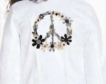 007 Large OOAK handmade * sew or glue on * Fun Unique Peace Patch - upcycled denim hand sewn -  60s 70s groovy nature. Hand cut flowers.