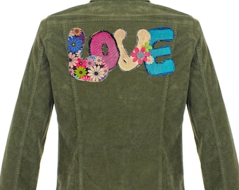005 Boho Fun LOVE Jean Jacket patch - upcycled denim hand sewn / glue OOAK -  60s 70s flowers
