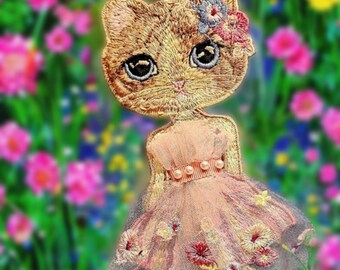 002 Adorable frilly kitty denim backed sew or glue on patch. FUN style for jackets, bags, shirts or crafts.