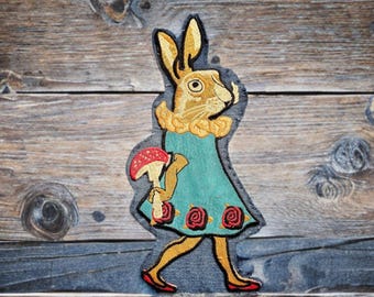 001 Super cute Big Bunny Rabbit denim backed sew or glue on patch. FUN style for jackets, bags, shirts or crafts.