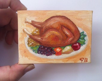 Teeny Tiny Thanksgiving Turkey Mini Oil Painting 2.5x3.5"