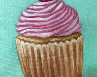 Original pink frosting cupcake oil painting 9 x 12 kitchen bakery