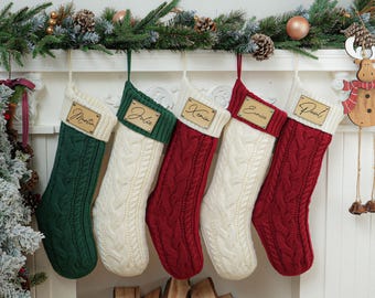 Kerstsokken met naam, vakantiesokken, 2024 gegraveerde leren kousen met patch, gebreide kousen, kousen, familiesokken, decoratie cadeau