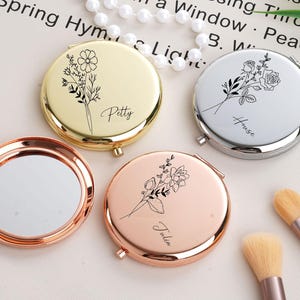 Custom Name Gift,Hen Party Gift,Personalized Compact Mirror with Birth Flower,Bridesmaid Proposal,Engraved Pocket Mirror,Birthday Gift