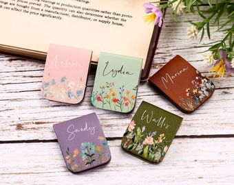 Personalized Birth Flower Vegan Leather Magnetic Bookmark, Reader Gift